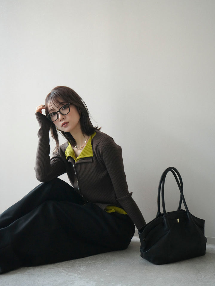 [予約]配色レイヤードリブニットカーディガン/brown