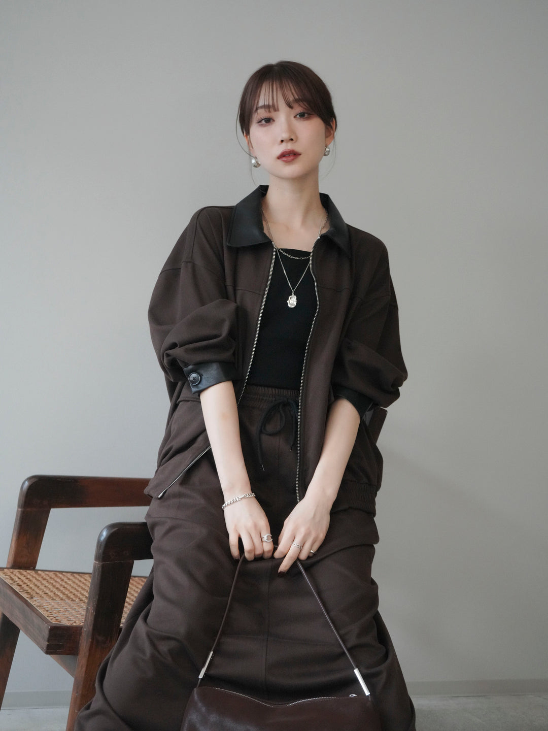 [予約]レザー襟配色パイピングブルゾン/brown