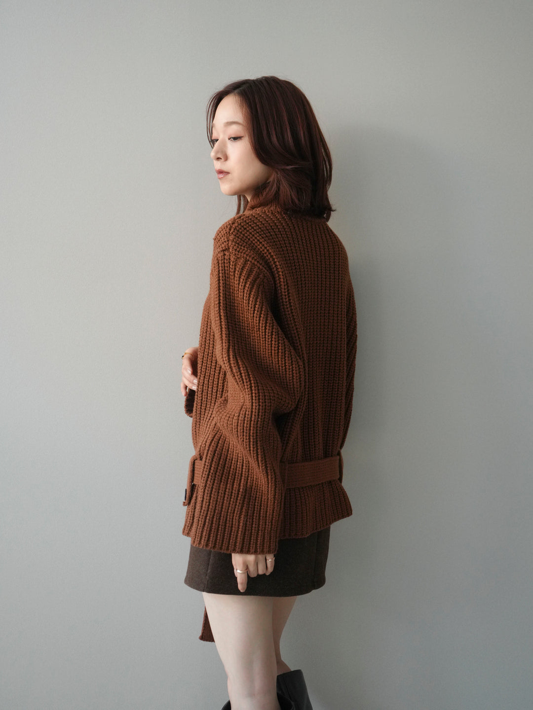 [予約]畦編みボトルネックZIPニットカーディガン/brown