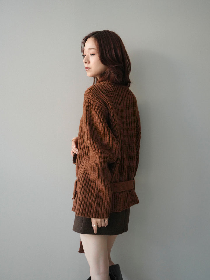 [予約]畦編みボトルネックZIPニットカーディガン/brown