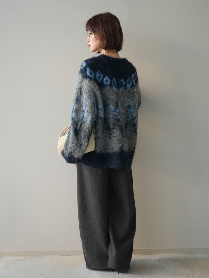 [SET]シャギーニュアンス柄ニットプルオーバー+ベルト付起毛コクーンパンツ(2set)