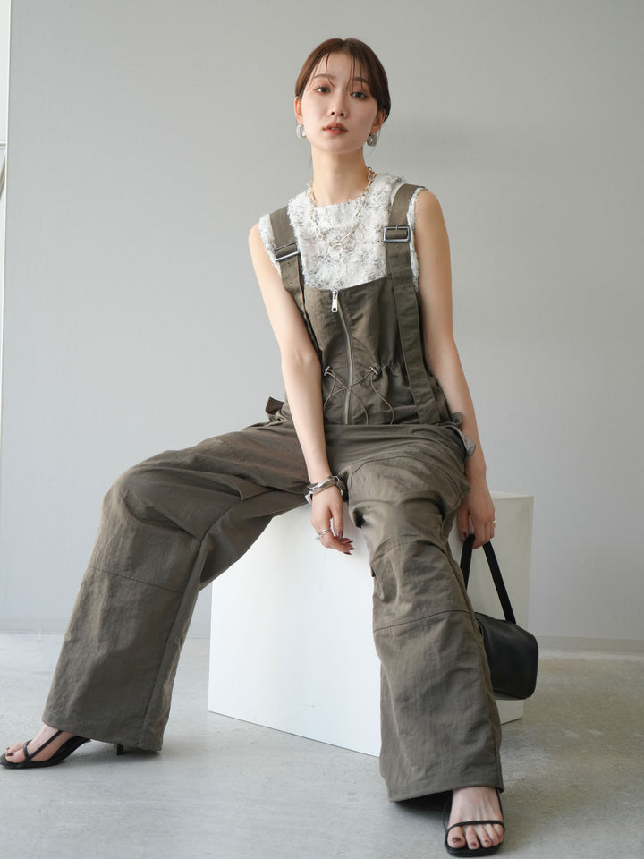 [予約]ナイロンタックデザインサロペット/カーキ