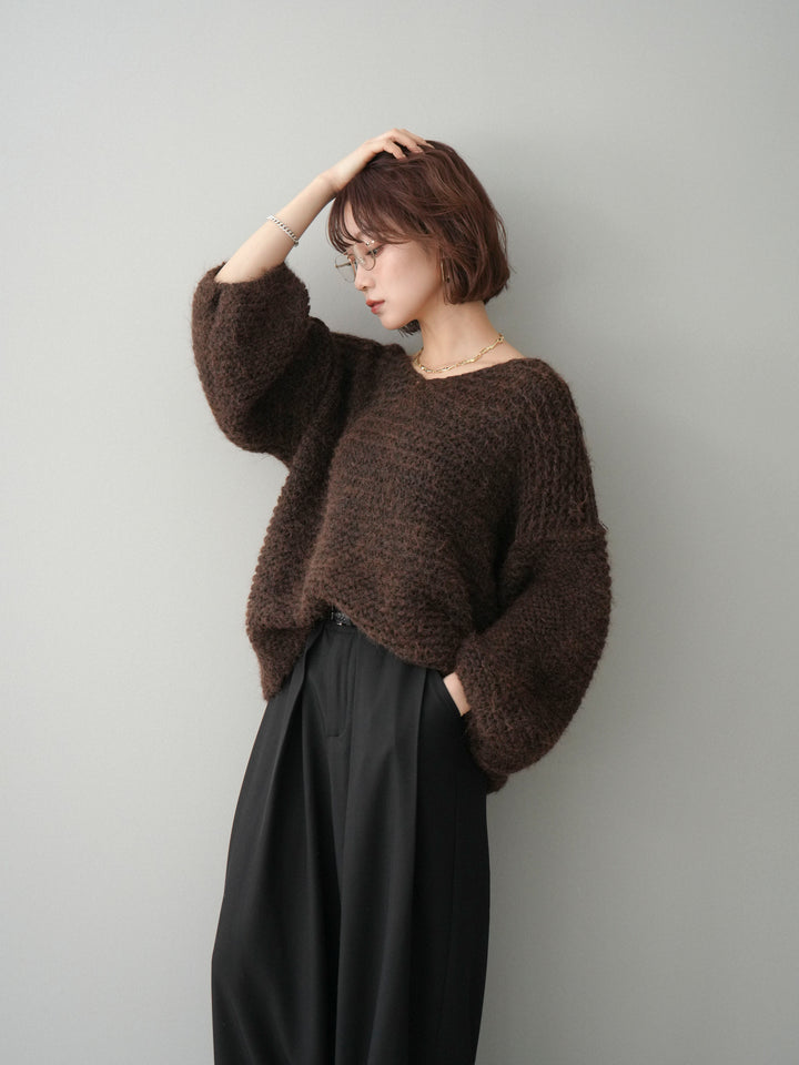 [予約]ワッフル編みシャギーニットプルオーバー/brown