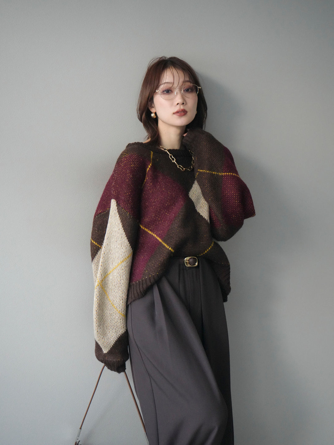 [予約]配色ステッチアーガイル柄ニットプルオーバー/brown