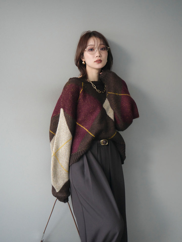 [予約]配色ステッチアーガイル柄ニットプルオーバー/brown