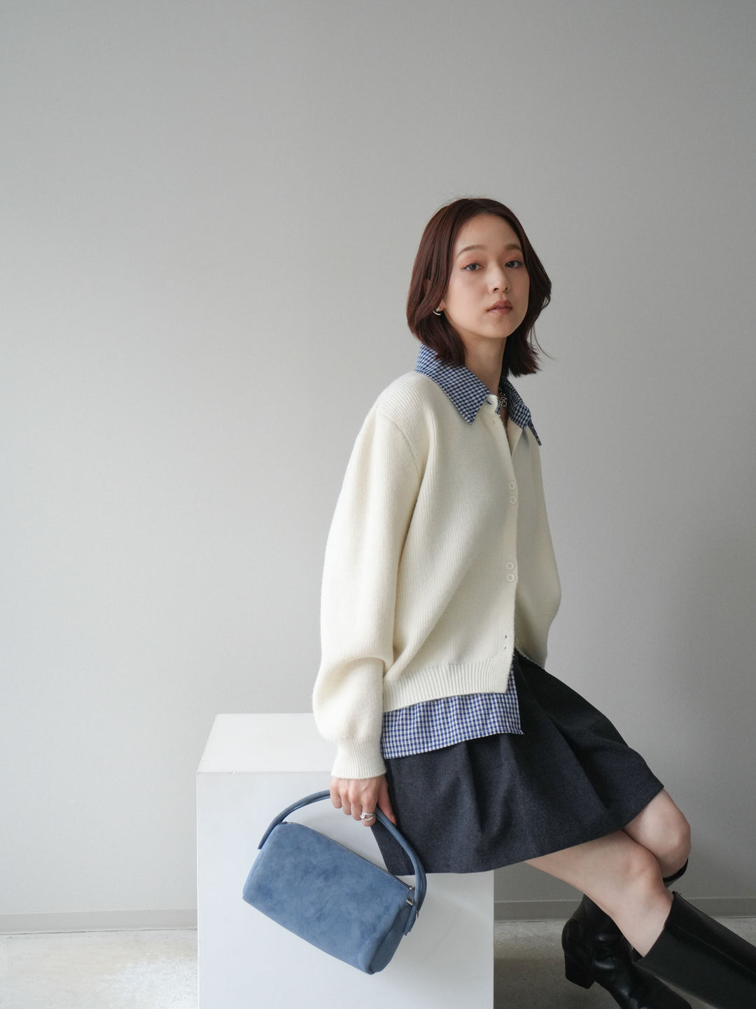 [SET]チェックシャツ襟ニットカーディガン+ベルト付きタックミニスカート(2set)