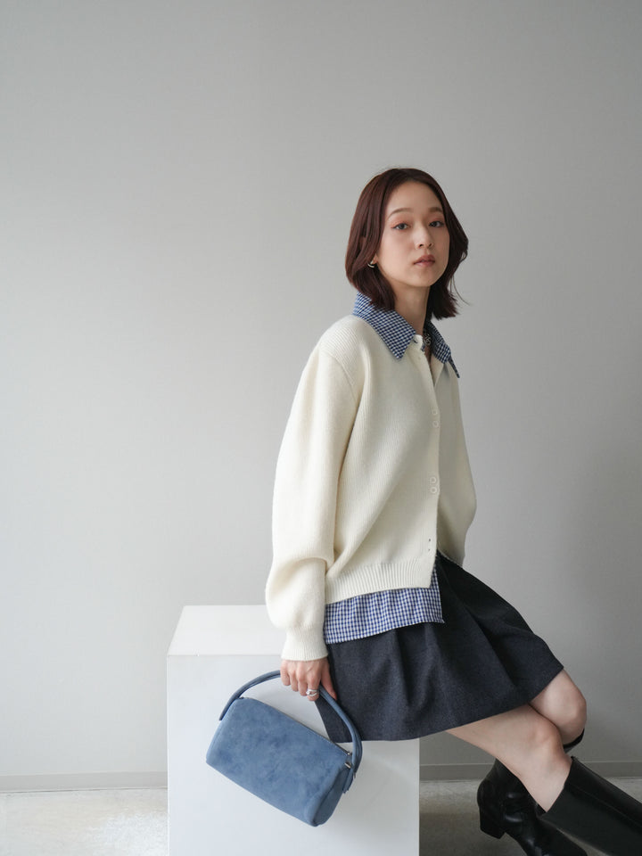 [SET]チェックシャツ襟ニットカーディガン+ベルト付きタックミニスカート(2set)