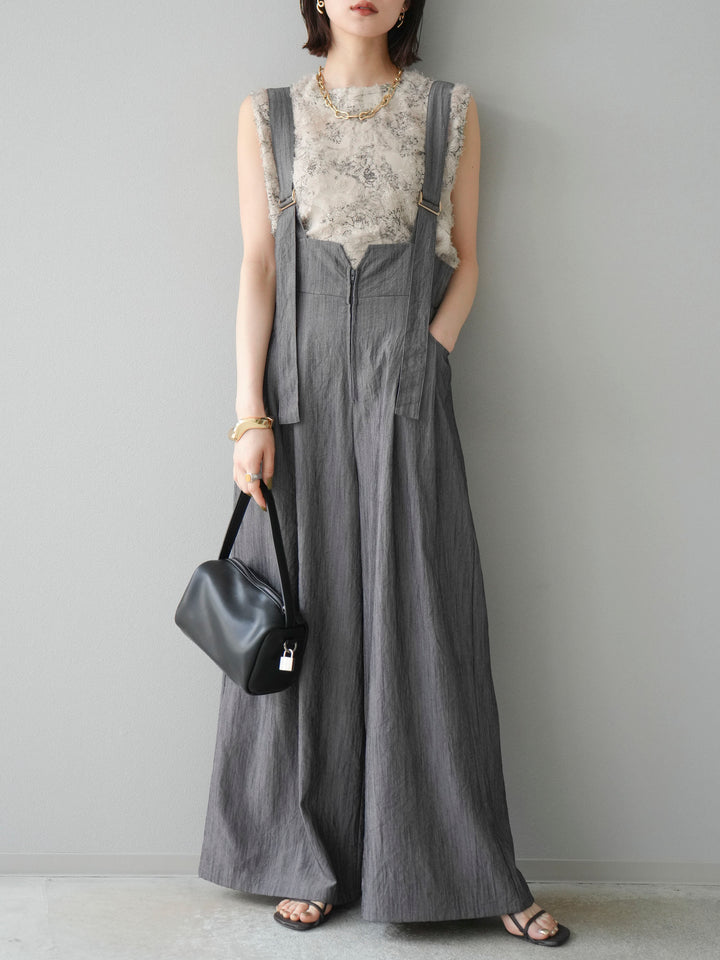 [SET]ストリングデザインハイウエストサロペット+ニュアンスフリンジジャガードノースリーブブラウス(2set)