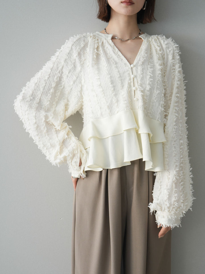 [SET]ジャガードぺプラムフリルブラウス+ベルト付キーホルダーモチーフワイドパンツ(2set)