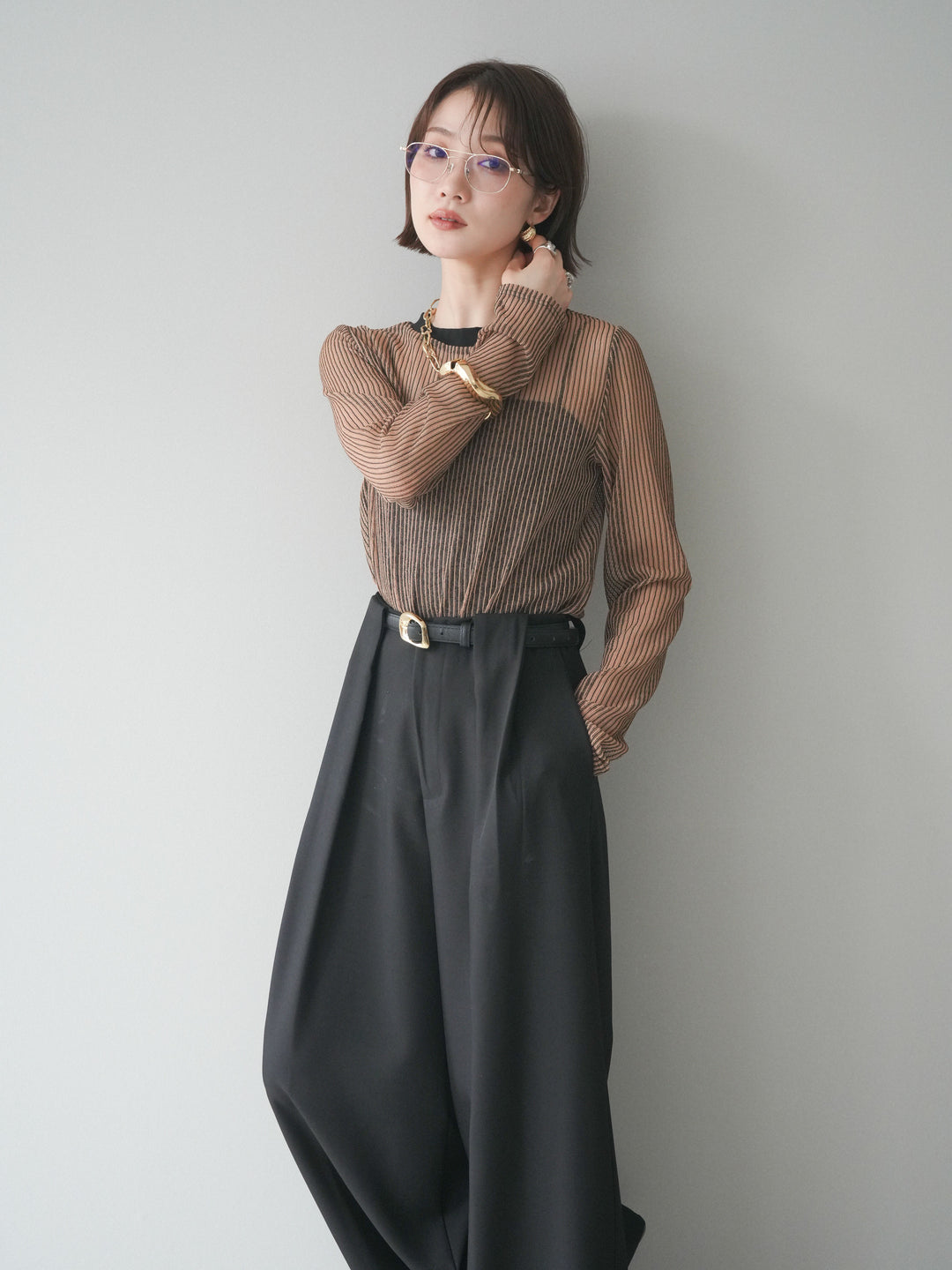 [SET]シアーストライプメッシュトップス+ドレープタックベルトループパンツ(2set)