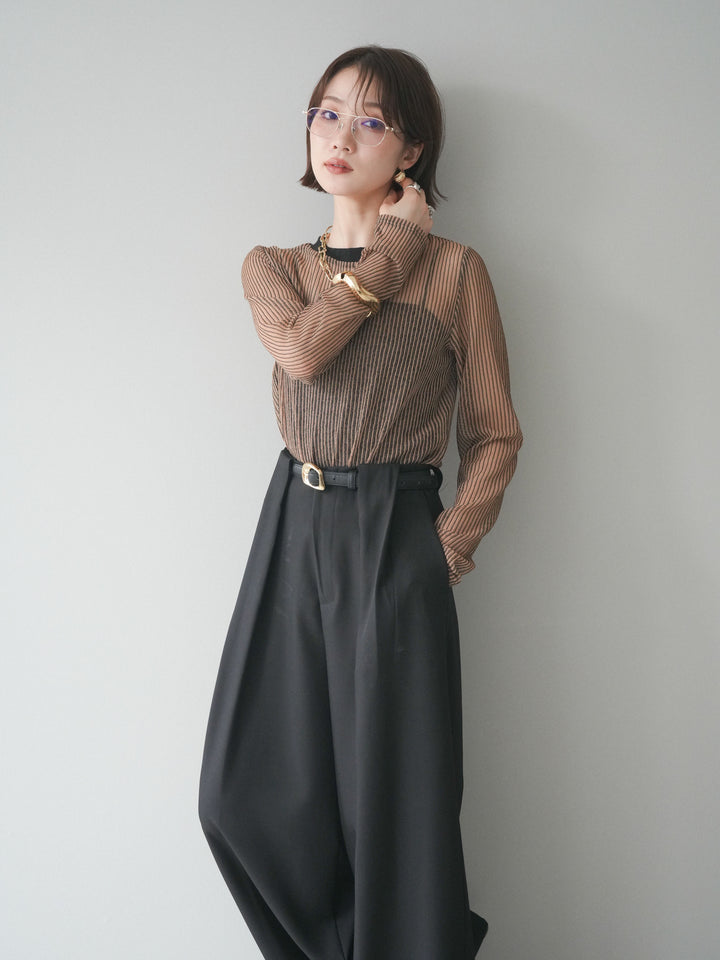 [SET]シアーストライプメッシュトップス+ドレープタックベルトループパンツ(2set)