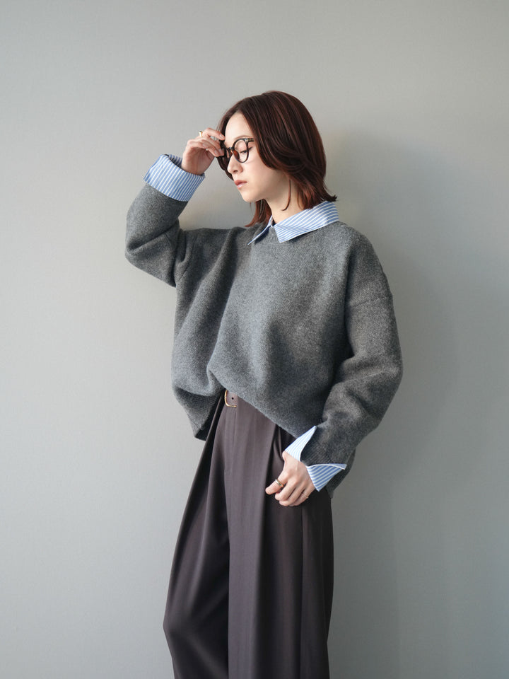 [SET]2WAYストライプ襟ニットプルオーバー+ベルトループデザインワイドパンツ(2set)