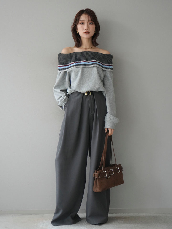 [予約]ボーダーニットオフショルダーxスウェットプルオーバー/gray