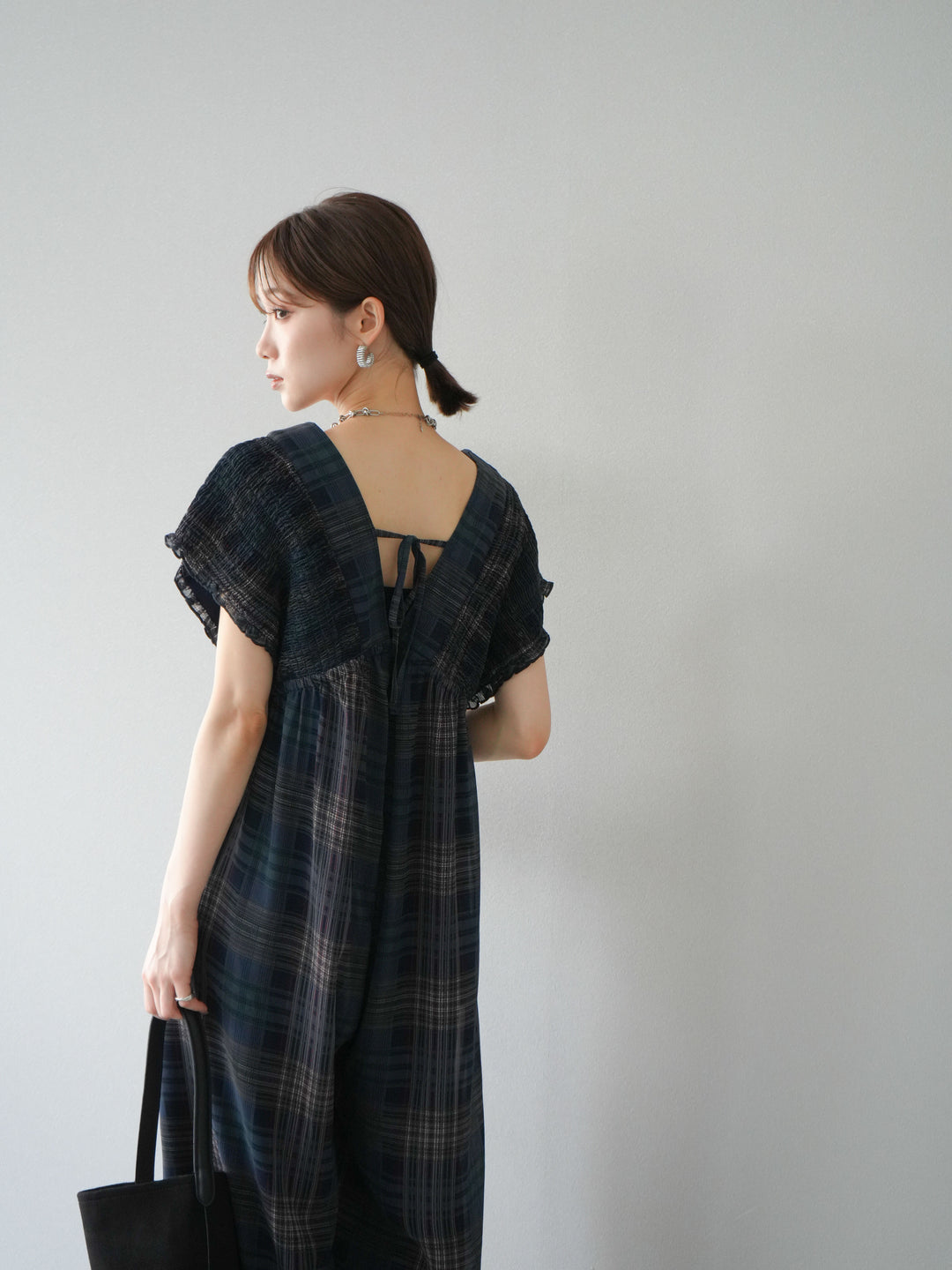 [套裝] 透視格紋褶皺背帶褲 + 配件套裝（2 套）