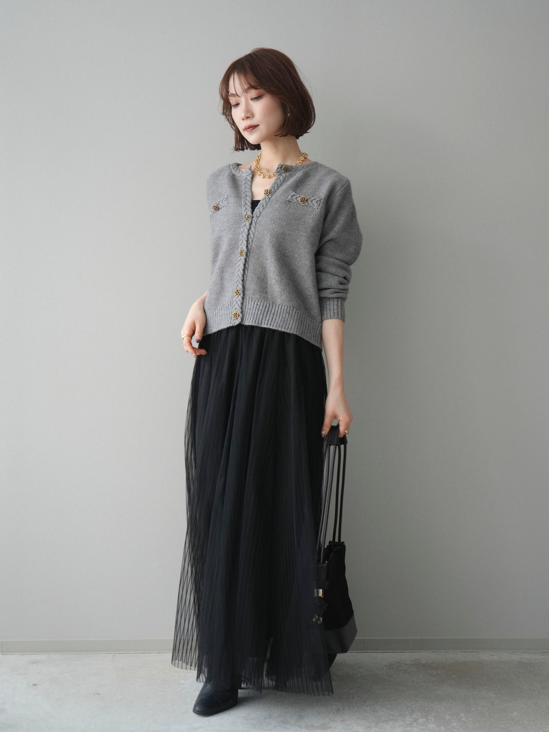 [SET]編みこみアンティークボタンニットカーディガン+チュールストライプボリュームスカート(2set)
