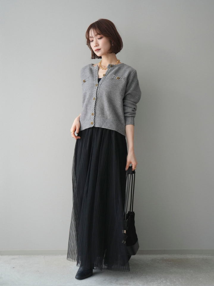 [SET]編みこみアンティークボタンニットカーディガン+チュールストライプボリュームスカート(2set)