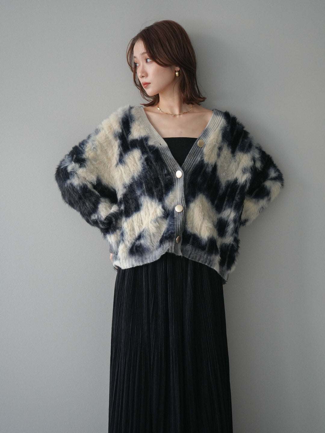 [予約]ニュアンス柄シャギーニットカーディガン/khaki