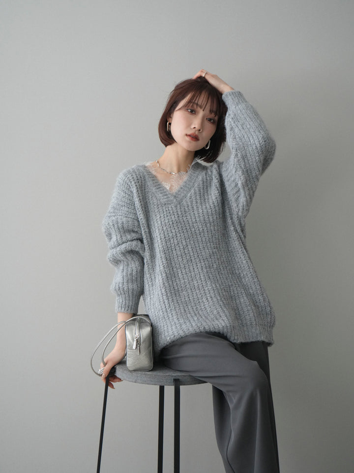 [SET]Vネックレースニットプルオーバー+ベルトループデザインワイドパンツ(2set)