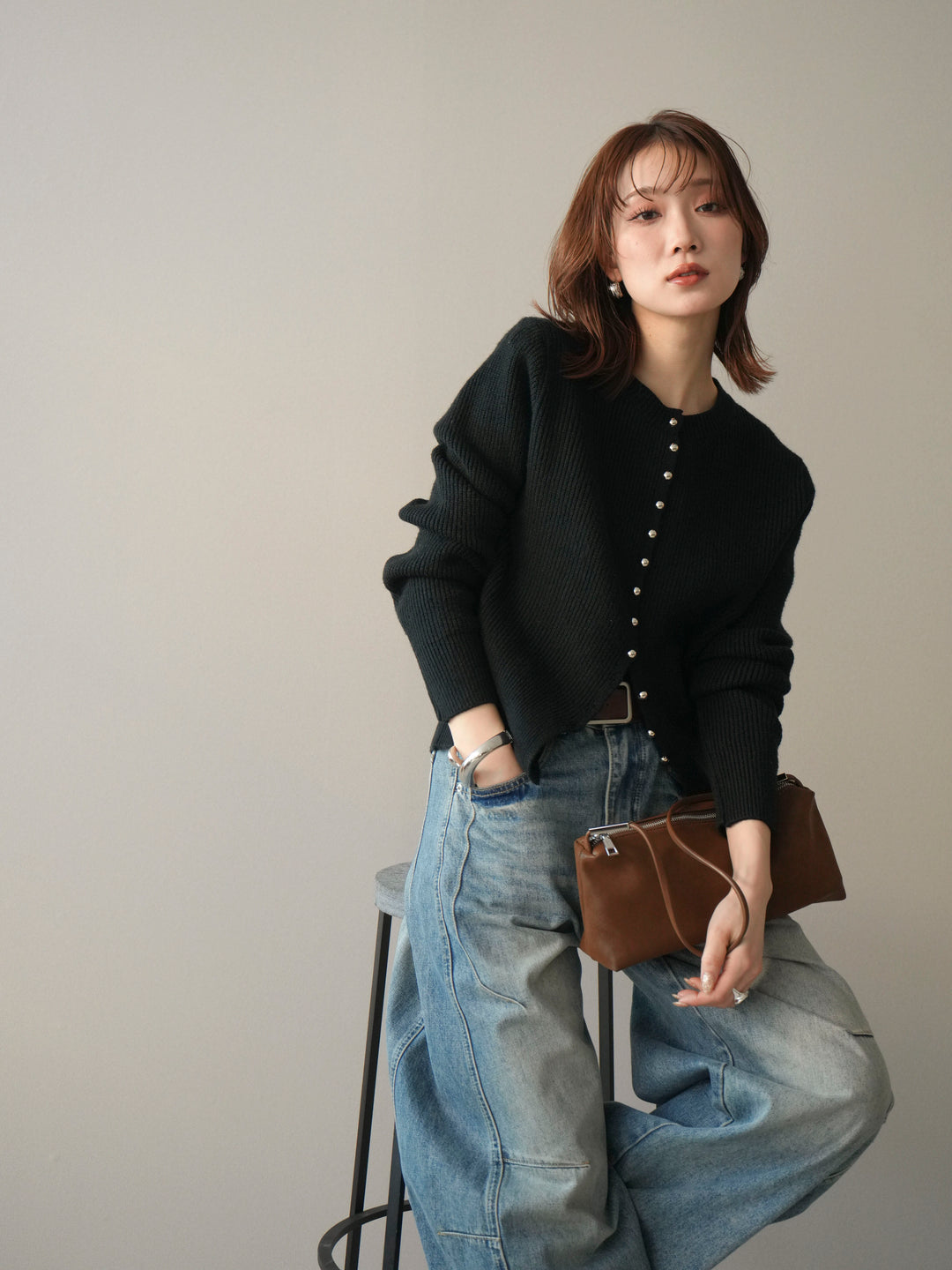 [予約]シルバーボタン畦編みニットカーディガン/black