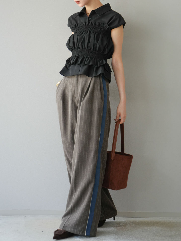 [予約]サイドラインストライプワイドパンツ/ブラウン