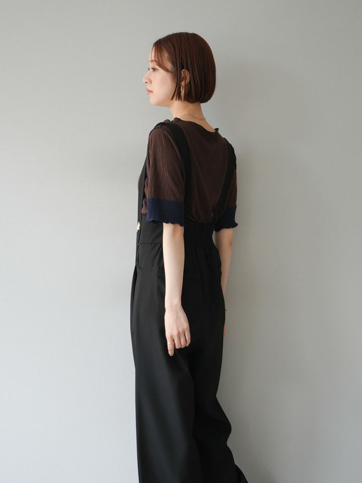 [SET]プリーツ配色ボートネックプルオーバー+ゴールドボタンサスペンダーワイドパンツ(2set)