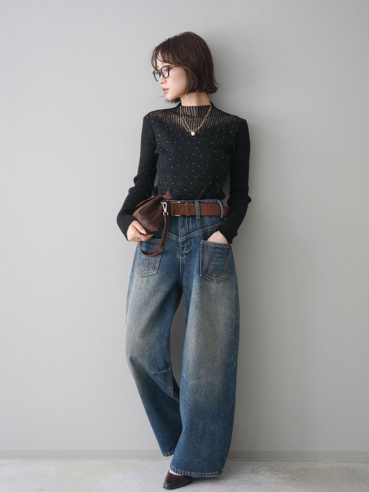 [SET]シアー切替スパンコールリブニットトップス+ベルト付ポケット刺繍カーブデニムパンツ(2set)