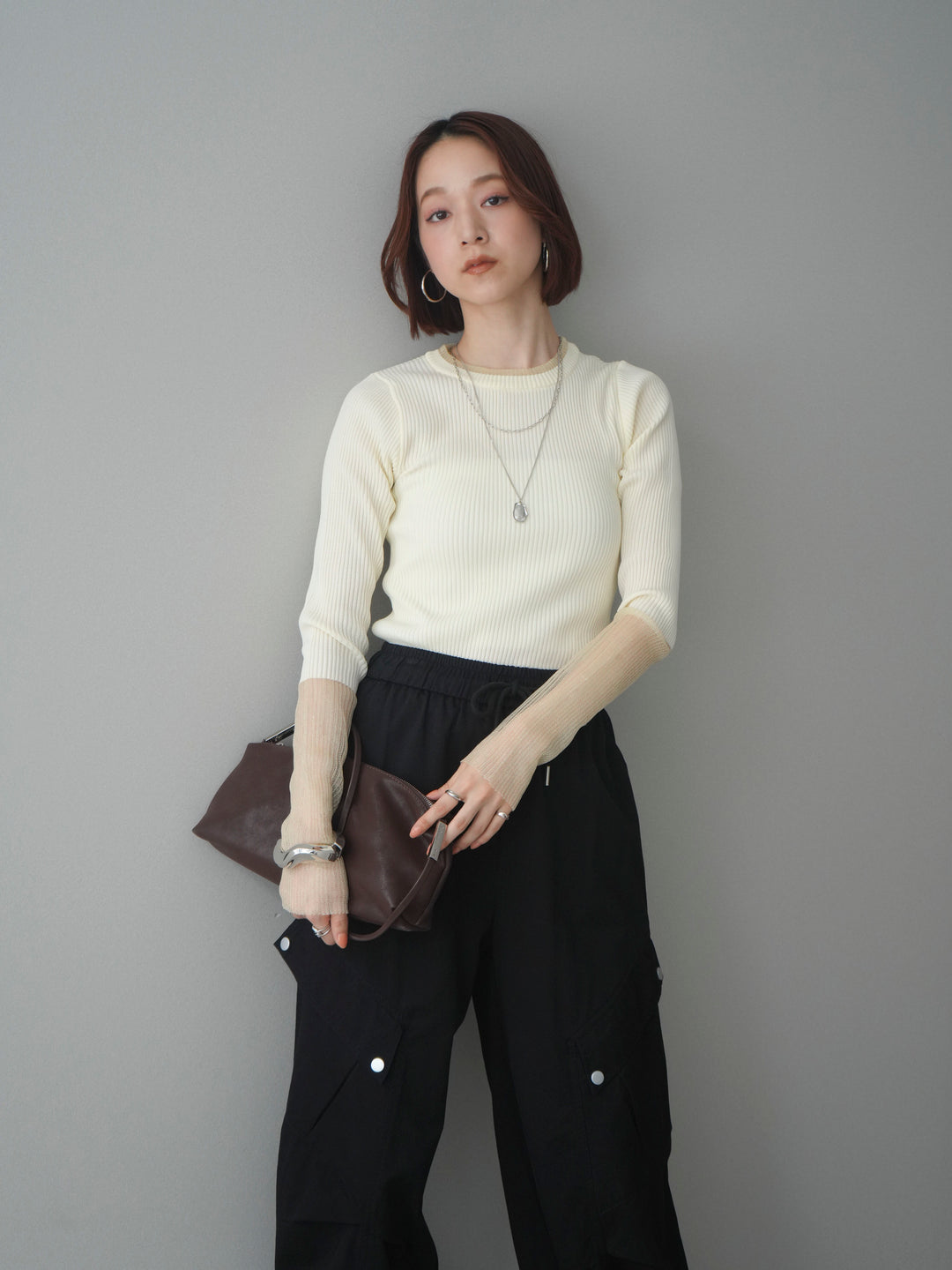 [SET]リブラメシアー切替リブニットトップス+リブラメシアー切替リブニットトップス(2set)