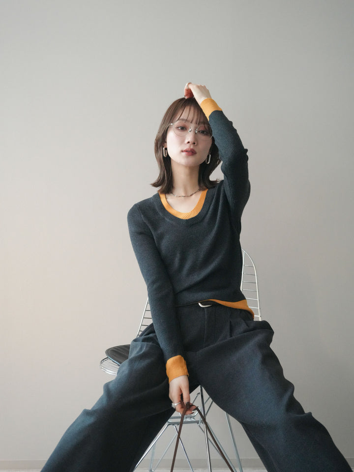 [予約]Uネック配色レイヤードリブニットトップス/charcoal