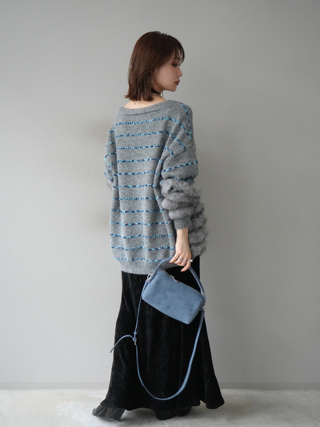 [SET]フェザーライン配色シャギーニットカーディガン+ベロアプリーツナロースカート(2set)
