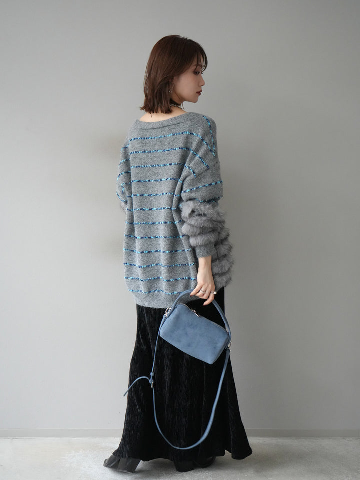 [SET]フェザーライン配色シャギーニットカーディガン+ベロアプリーツナロースカート(2set)