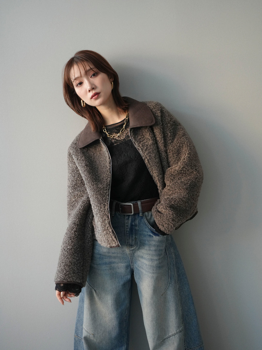 [予約]スエード襟ボアショートジャケット/brown