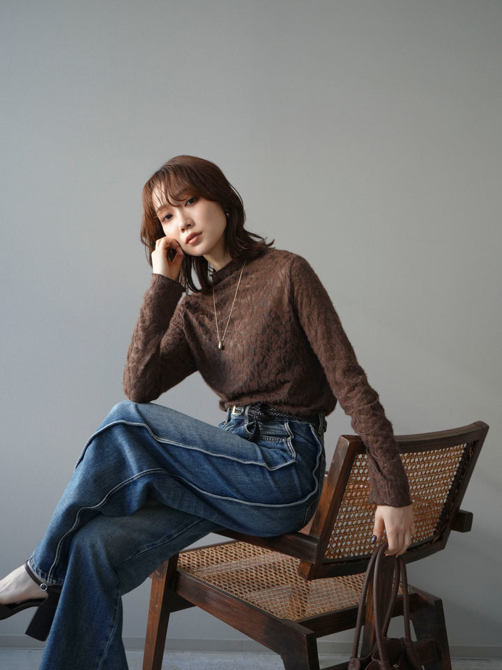 [予約]起毛レースプチネックトップス/brown