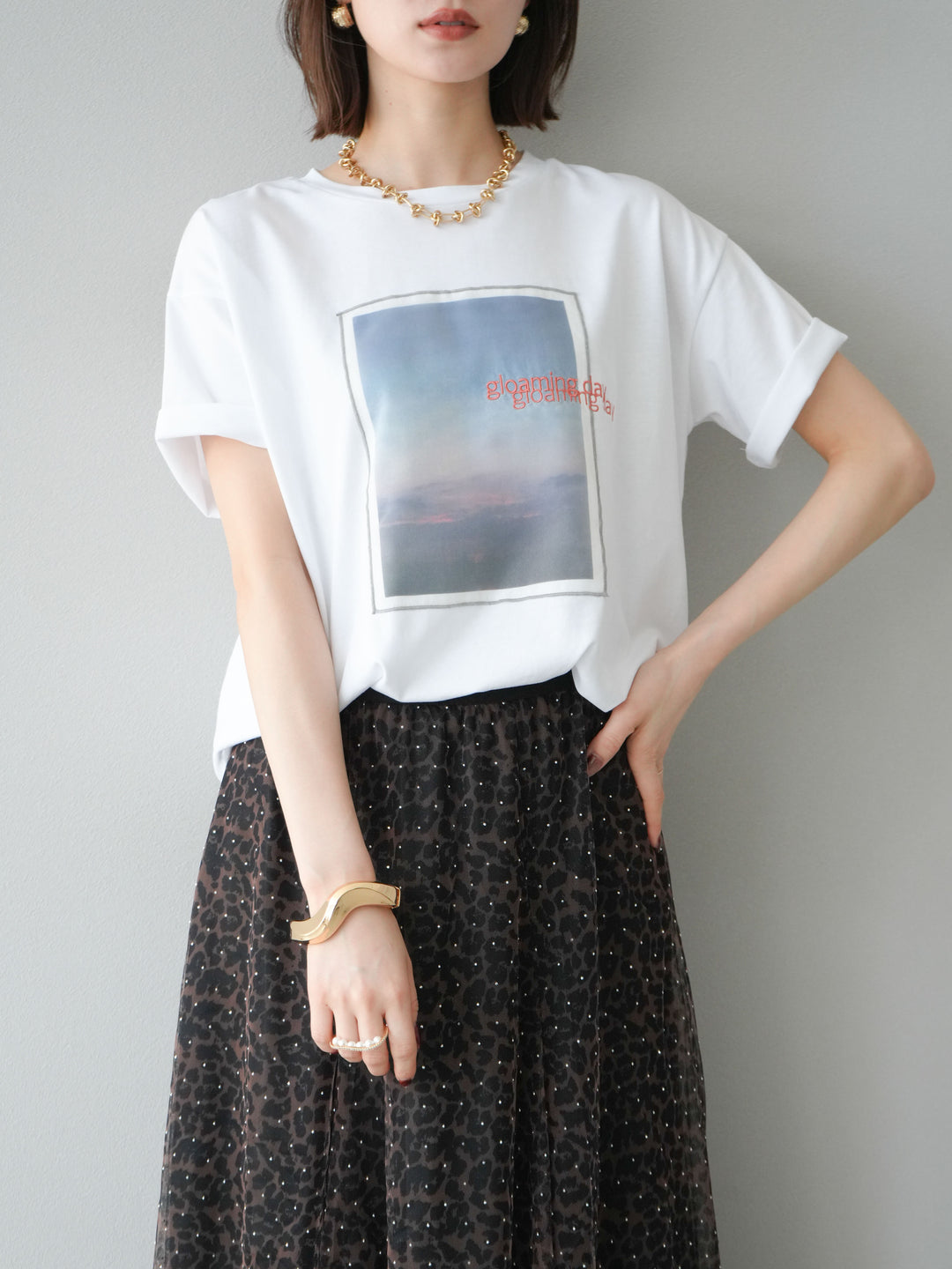 [予約]チュールレイヤードプリントTシャツ/オフ