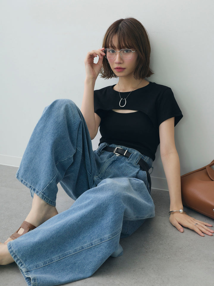 [SET]フロントオープンレイヤードトップスセット+ハイウエストベルトループデザインデニムパンツ(2set)