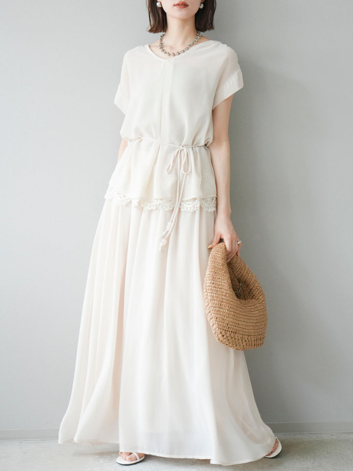 [SET]シフォンブラウス＆レースデザインフレアスカートSET UP(2set)