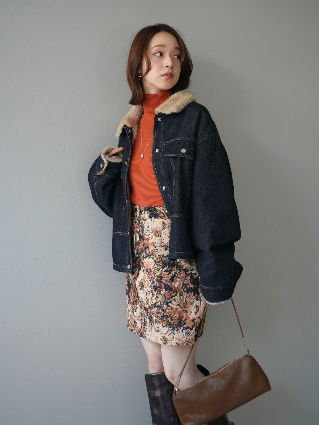 [予約]デニム×ファーステンカラーショートジャケット/indigo