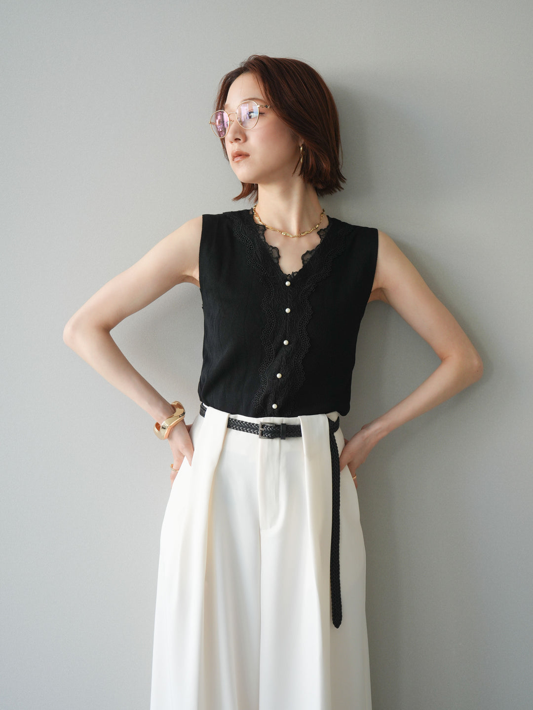 [予約]パールボタンニットタンクトップ/black