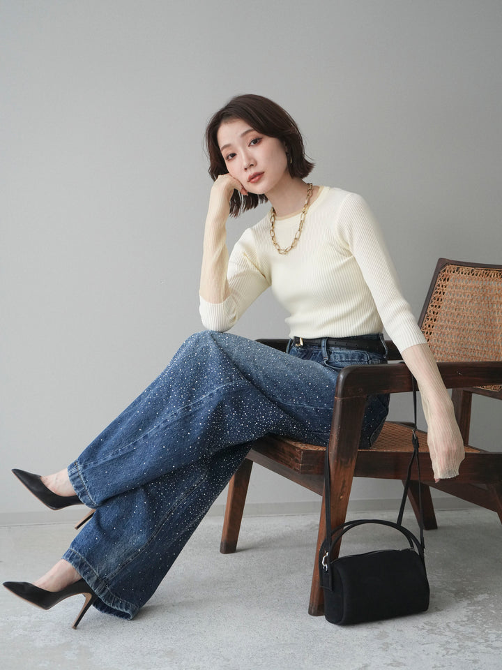 [SET]リブラメシアー切替リブニットトップス+ラインストーンカーブデニムパンツ(2set)