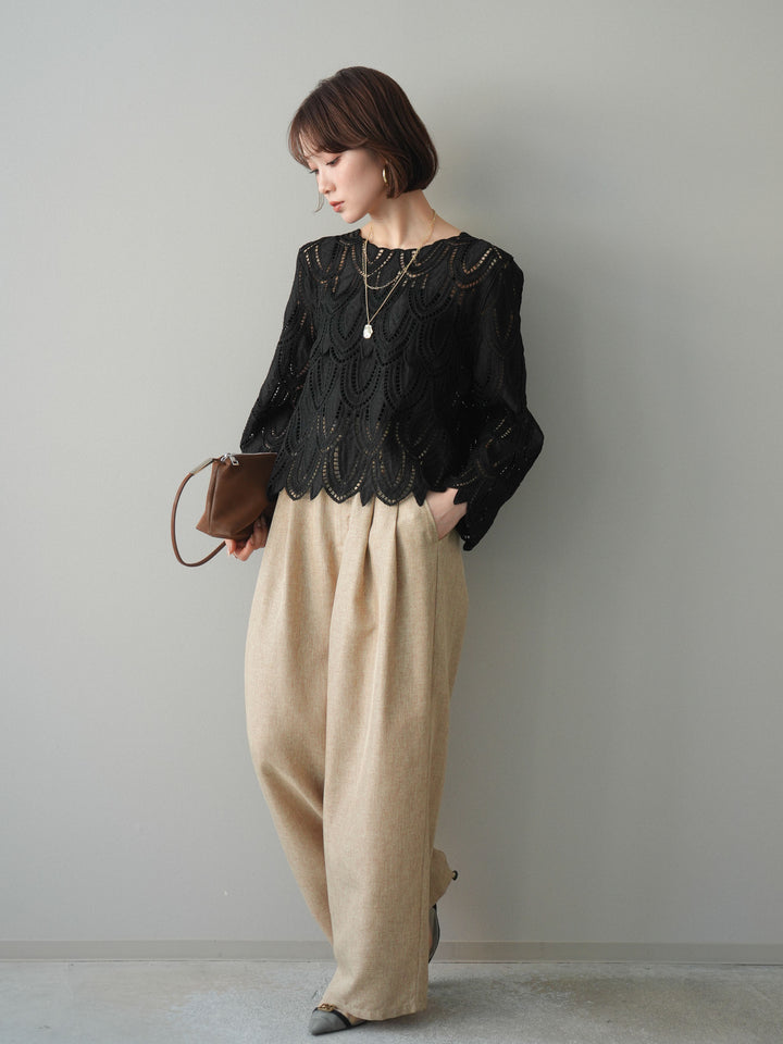 [予約]リネンライクタックワイドパンツ/beige