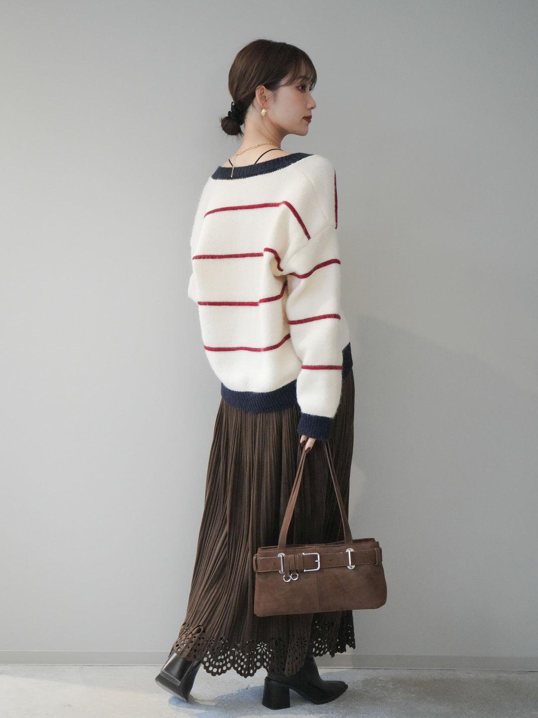 [予約]パンチングデザインスエードプリーツスカート/brown