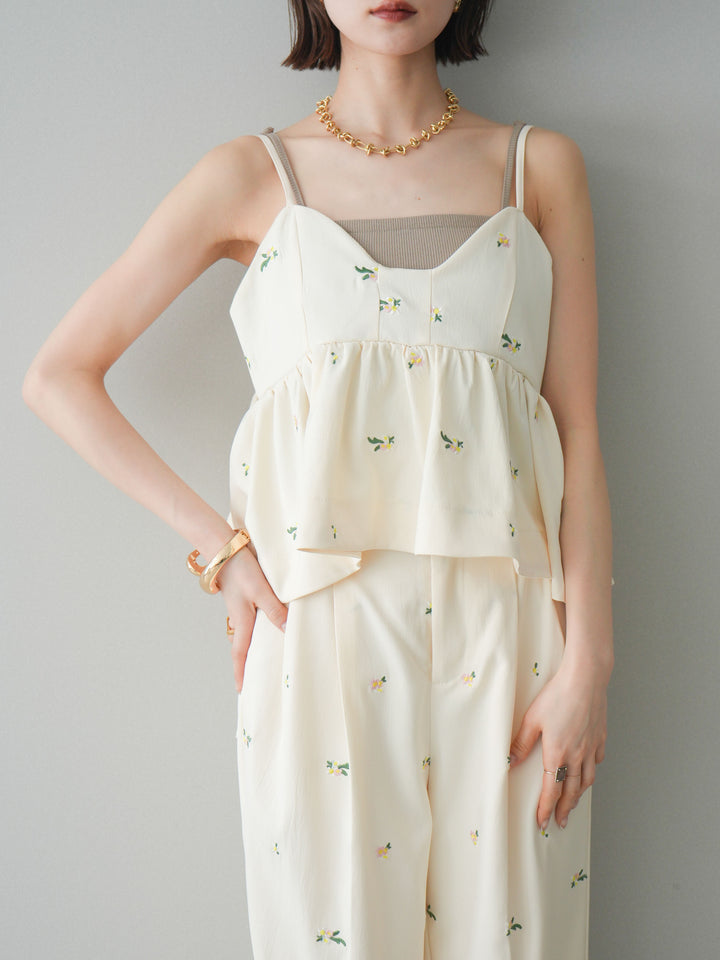 [SET]フラワー刺繍ビスチェ+フラワー刺繍タックパンツ(2set)