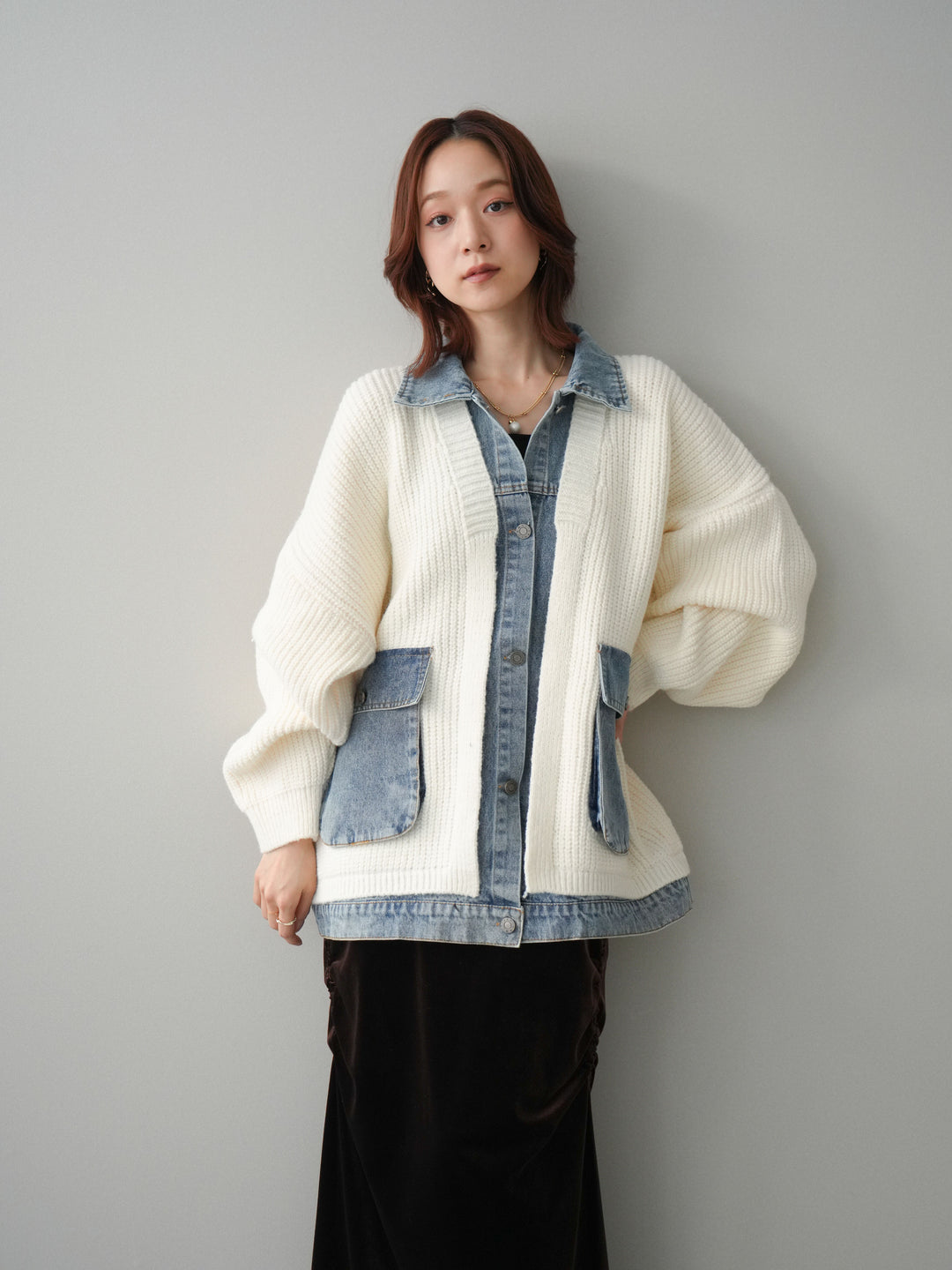 [SET]デニムドッキングオーバーニットジャケット+ギャザーベロアスカート(2set)