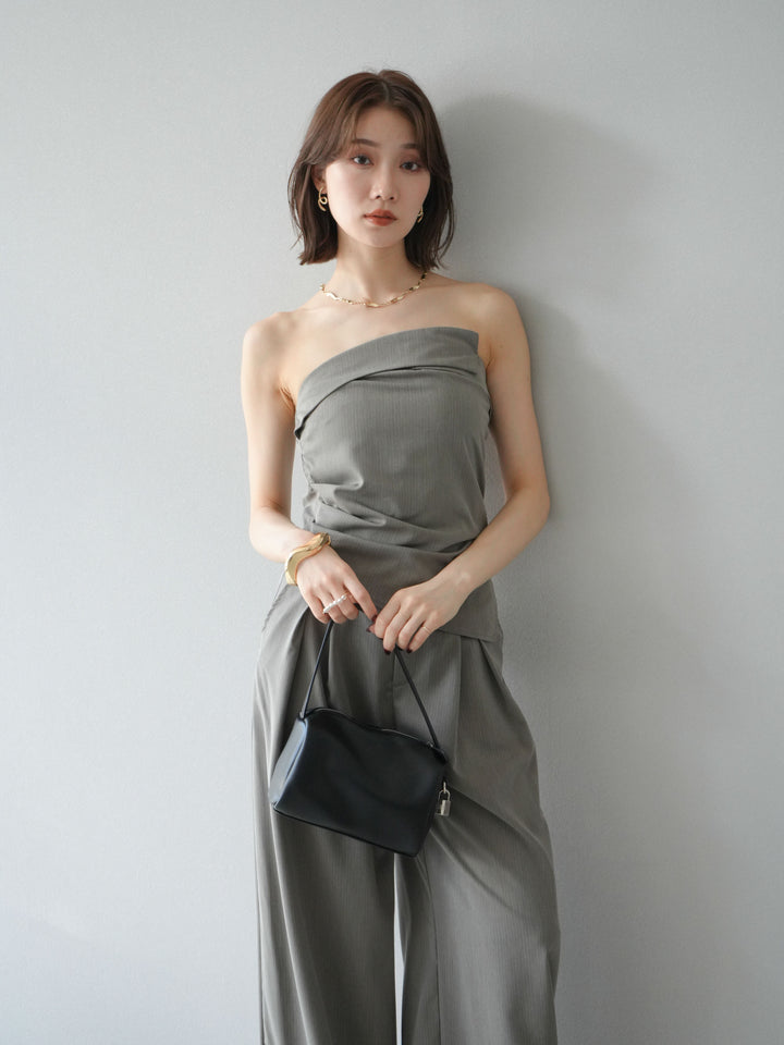 [SET] 條紋褶襉露肩上衣＆寬褲 SET UP (2set)