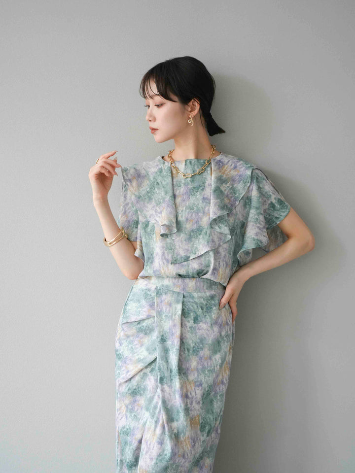 [予約]水彩アートラッフルカラーブラウス/グリーン