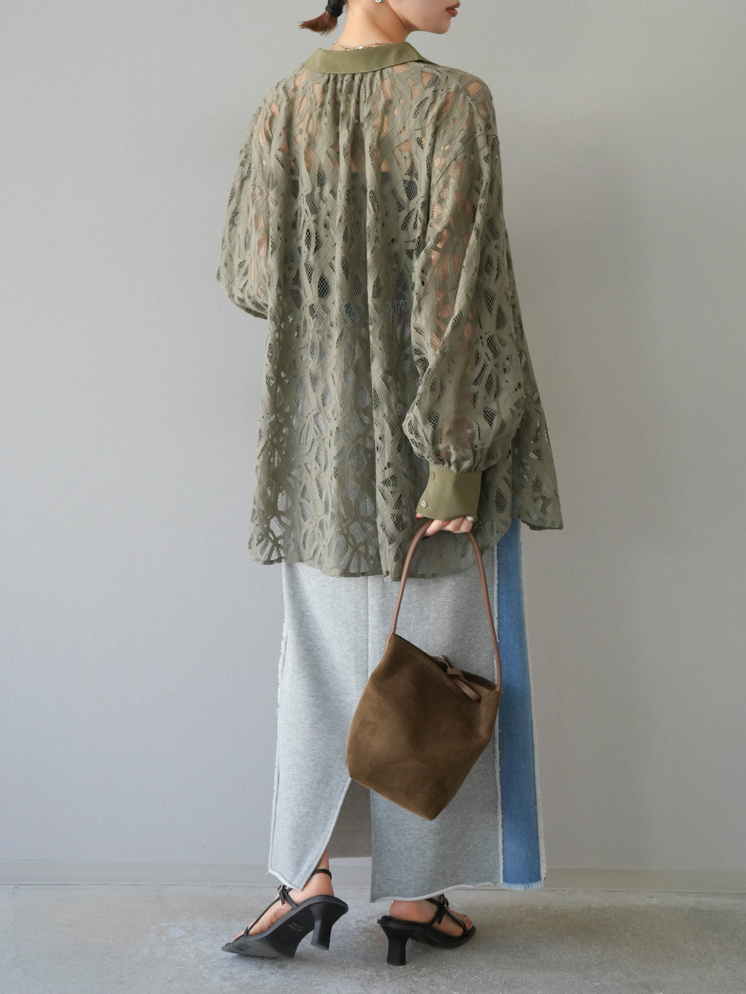 [SET]コードレースオーバーシャツ+デニムドッキングスウェットスカート(2set)