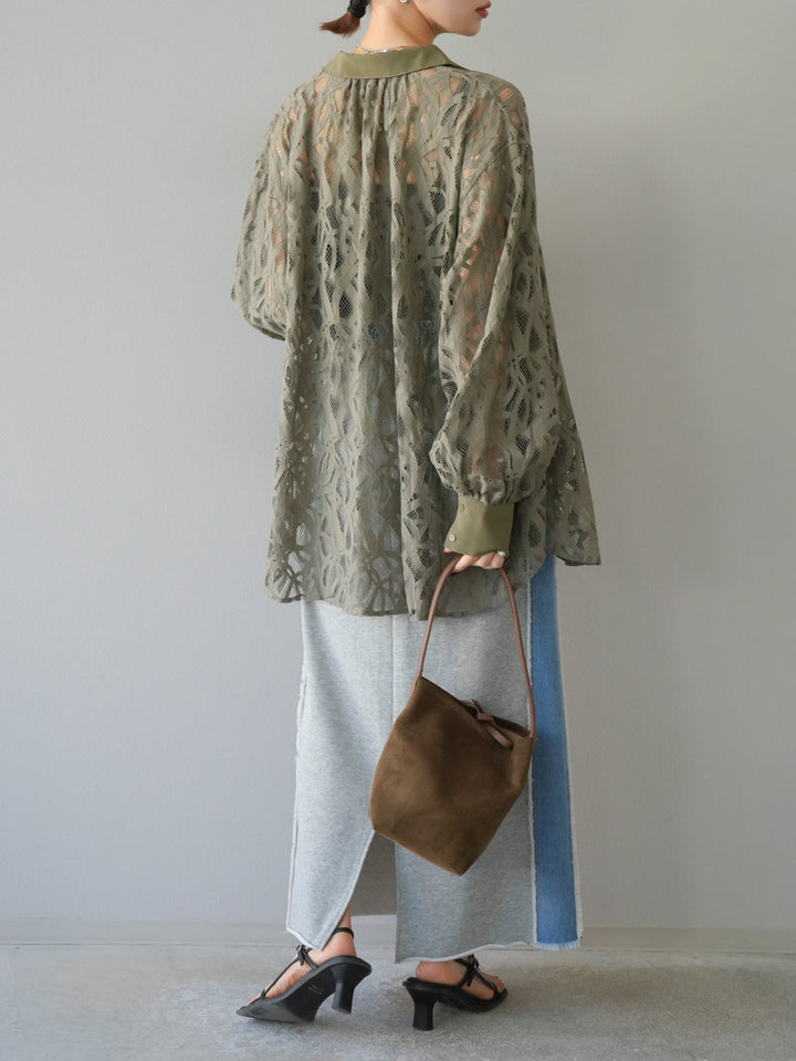 [SET]コードレースオーバーシャツ+デニムドッキングスウェットスカート(2set)