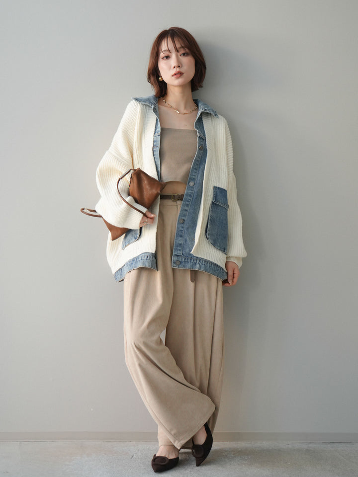 [SET]デニムドッキングオーバーニットジャケット+コーデュロイサイドタックコクーンパンツ(2set)