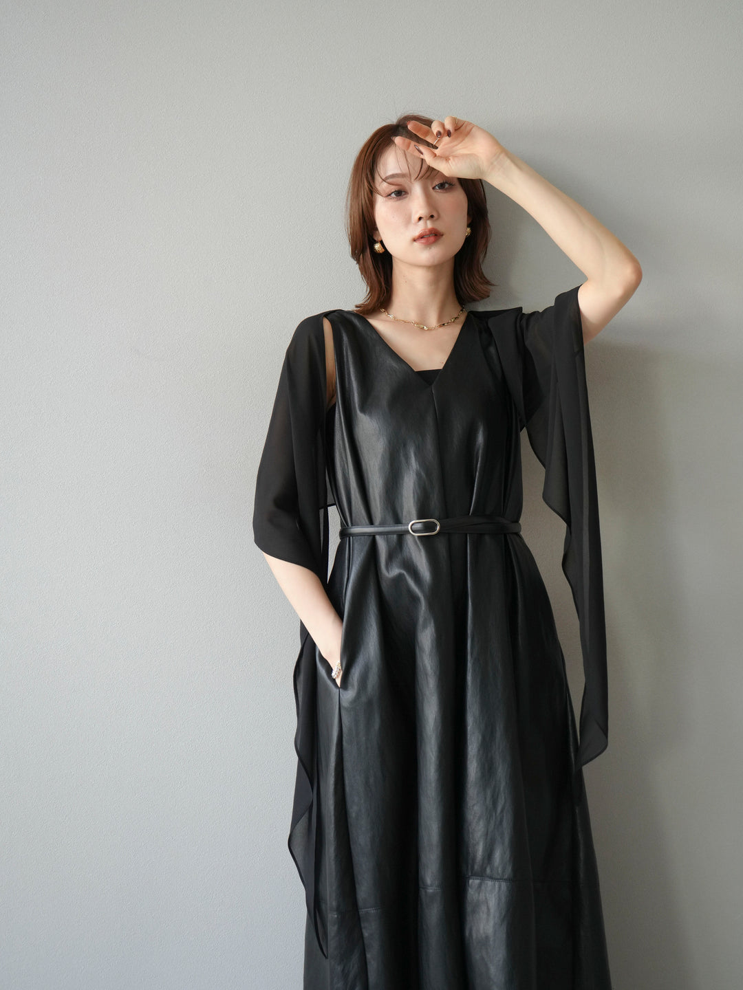 [予約]レザーAラインワンピース/ブラック
