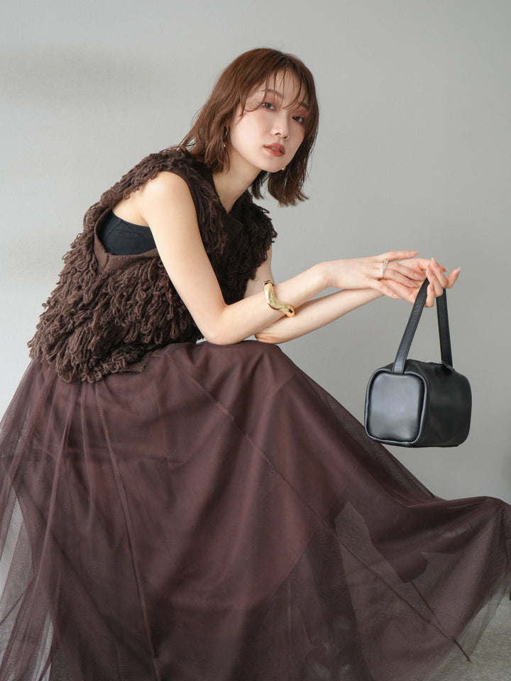 [SET] 前開衩針織背心 + 薄紗蓬鬆裙 (2 件套)