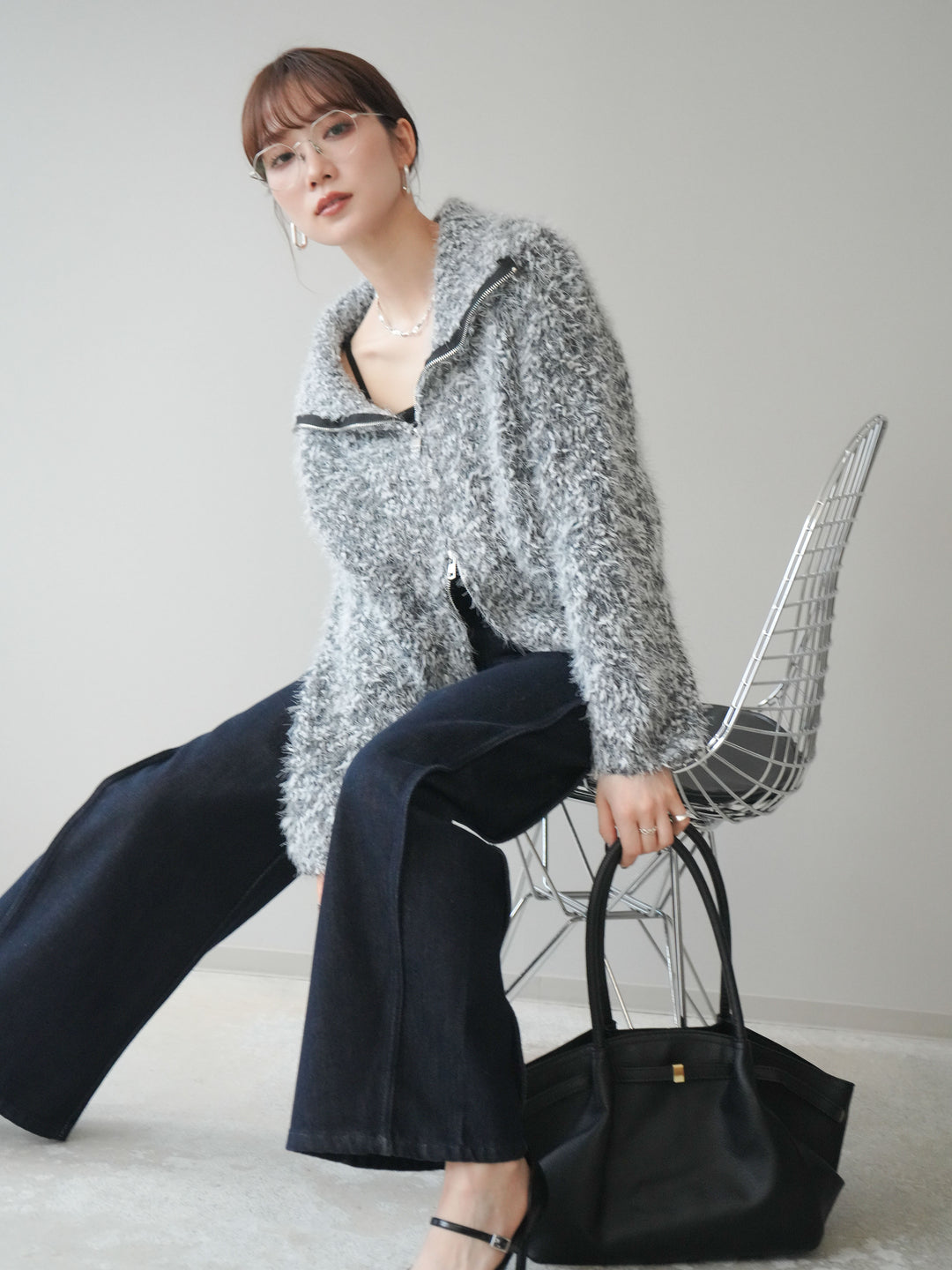 [予約]ミックスシャギージップニットカーディガン/black